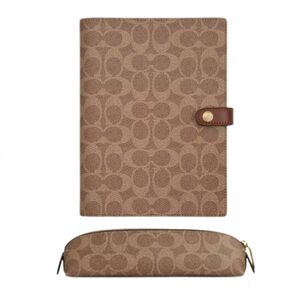Coach Notebook In Signature Canvas & Pencil Pouch Leather with Gold Snap Closure